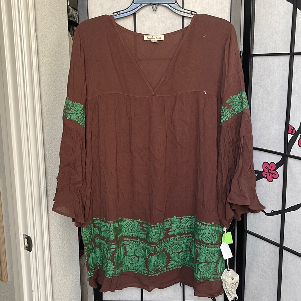 Cousin Earl Boutique Long Sleeve Brown Dress with Green Embroidery